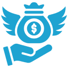 A blue icon of a hand holding a money bag with wings, symbolizing financial growth or money flying away.